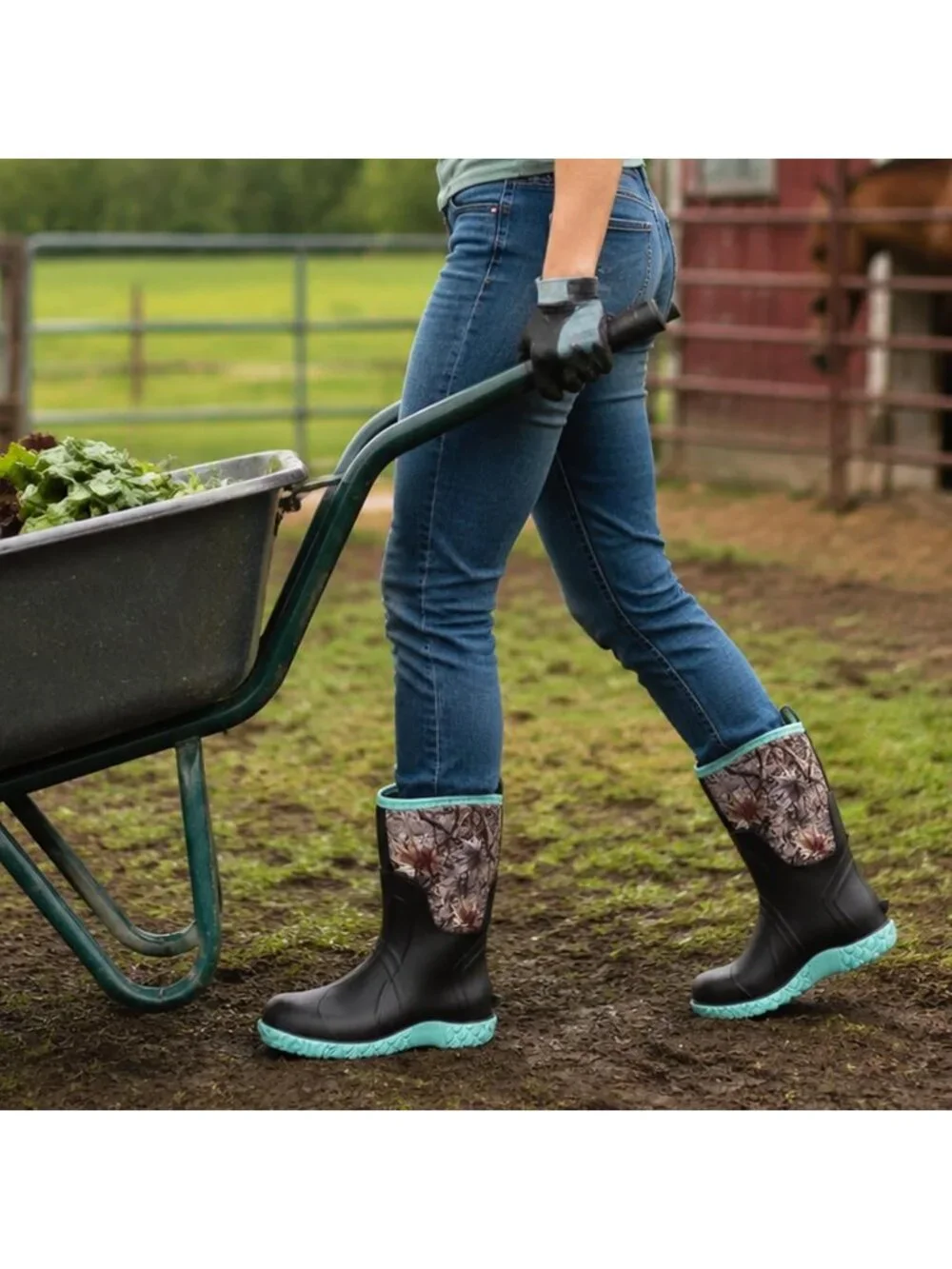 Women's Green Waterproof Breathable Mid Calf Design Garden Work Mud Rain Boots
